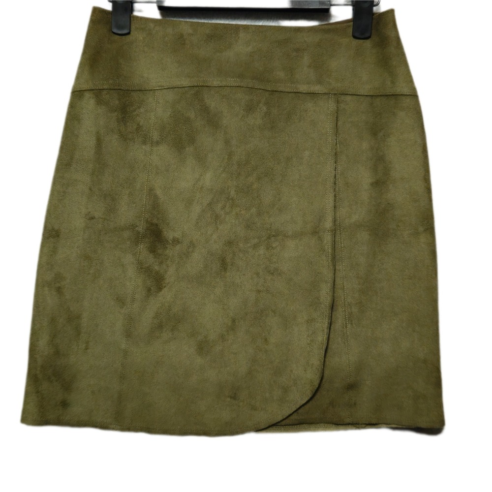 Bebe Faux Suede Wrap Mini Skirt Womens Olive Green A‎ Line Minimalist